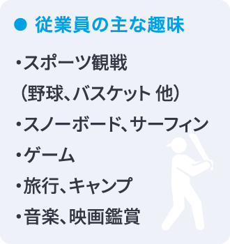 従業員の主な趣味 ・スポーツ観戦（野球、バスケット 他）・スノーボード、サーフィン・ゲーム・旅行、キャンプ・音楽、映画鑑賞