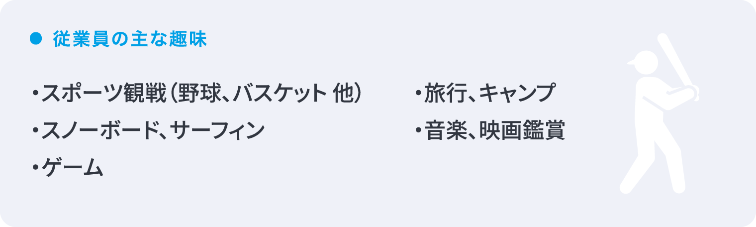 従業員の主な趣味 ・スポーツ観戦（野球、バスケット 他）・スノーボード、サーフィン・ゲーム・旅行、キャンプ・音楽、映画鑑賞